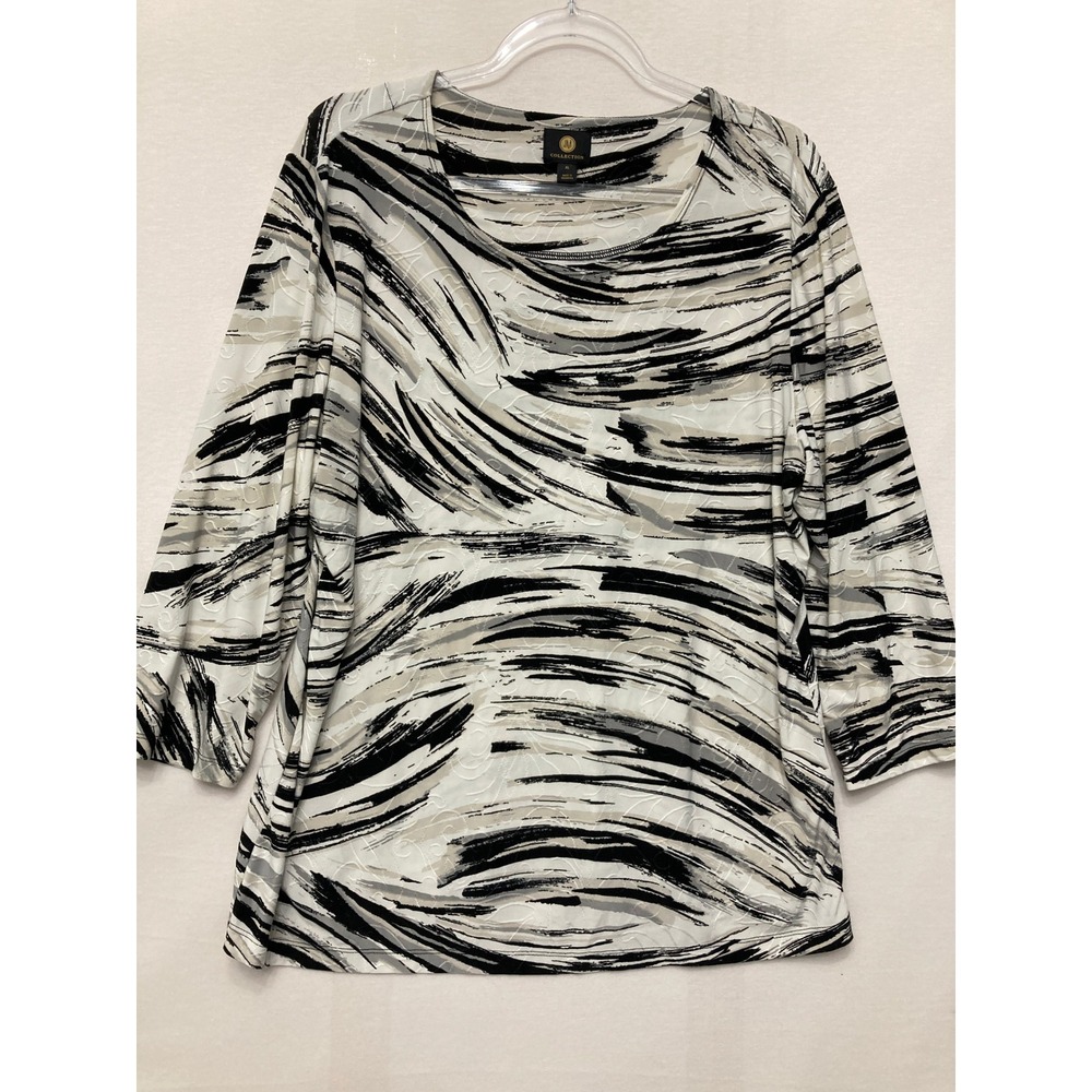 JM Collection Blouse Size XL White Black Abstract Brushstroke Embroidered